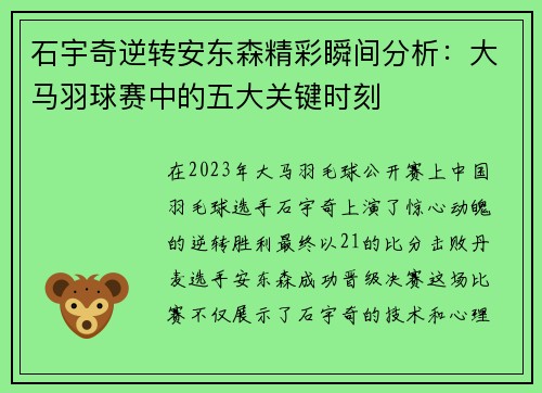 石宇奇逆转安东森精彩瞬间分析：大马羽球赛中的五大关键时刻