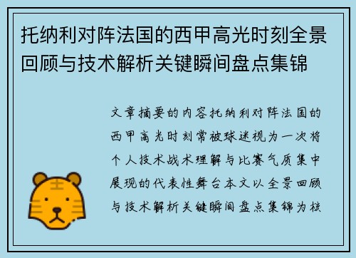 托纳利对阵法国的西甲高光时刻全景回顾与技术解析关键瞬间盘点集锦