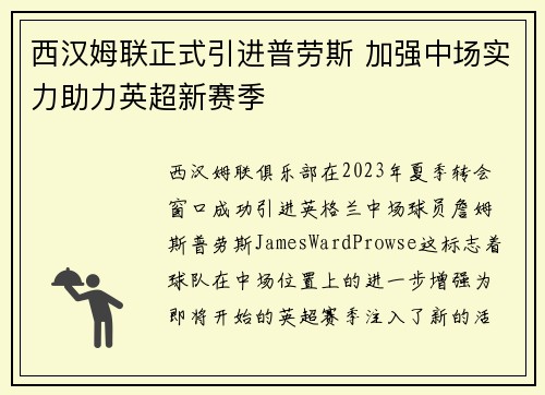 西汉姆联正式引进普劳斯 加强中场实力助力英超新赛季