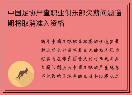 中国足协严查职业俱乐部欠薪问题逾期将取消准入资格 中国足协严查职业俱乐部欠薪问题逾期将取消准入资格