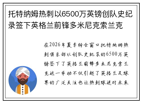 托特纳姆热刺以6500万英镑创队史纪录签下英格兰前锋多米尼克索兰克